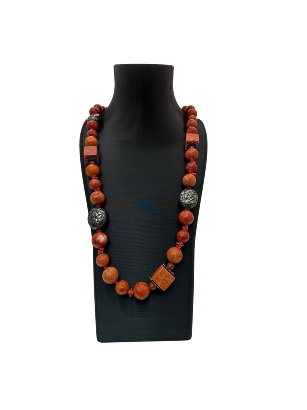 Vintage Chunky Coral Beaded Necklace Silver Plated Accents 28" Statement Jewelry